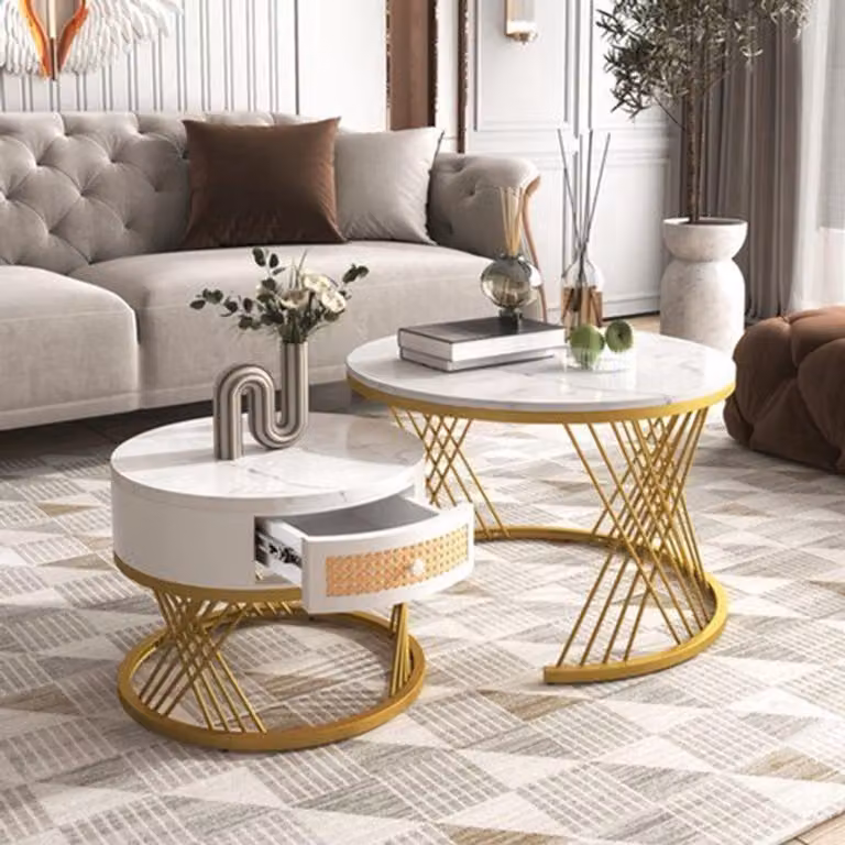Tavolino da salotto - Rotondo - Piano in effetto marmo - Con contenitori - Design moderno - Ideale per il soggiorno