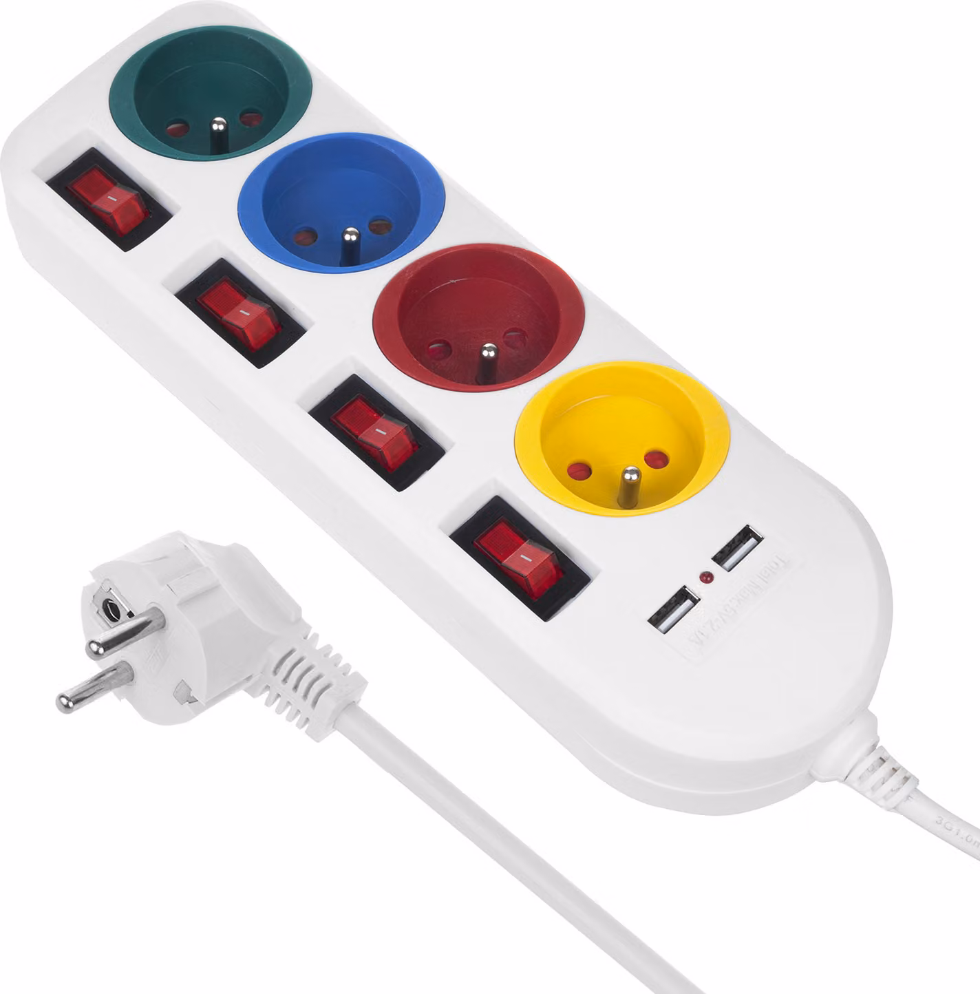 Presa multipla Maclean MCE229, cavo di prolunga a 4 prese + 2xUSB, con interruttore, 250VAC/10A, 2,1A 5V, 1,5m bianco