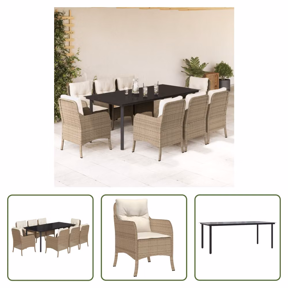 The Living Store Set da pranzo da giardino 9 pezzi con cuscini Beige poly rattan