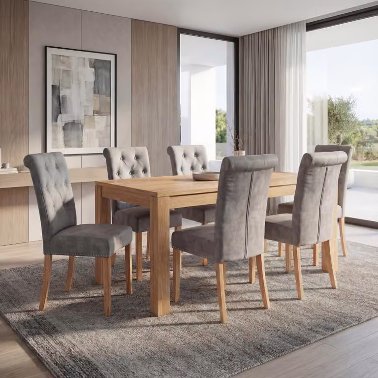 set di 6 sedie da sala da pranzo Chesterfield II, sedia da cucina, rivetti ~ tessuto/tessuto grigio chiaro, gambe chiare