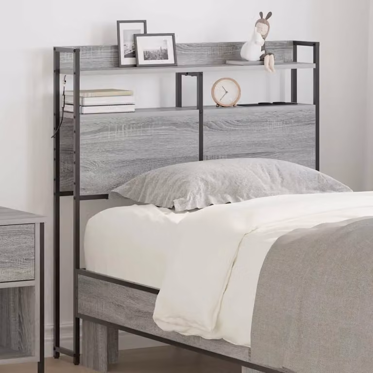 Testata letto con contenitore vidaXL Grigio sonno, moderna con illuminazione integrata, mensola e porta USB