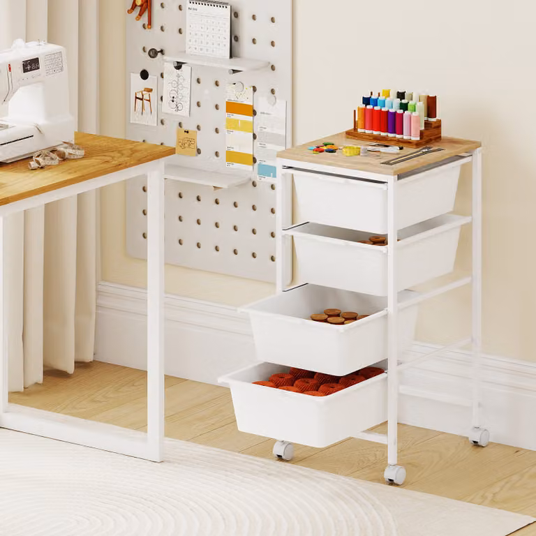 Carrello organizer salvaspazio Costway con 4 cassetti, 1 piano e 4 ruote, bianco