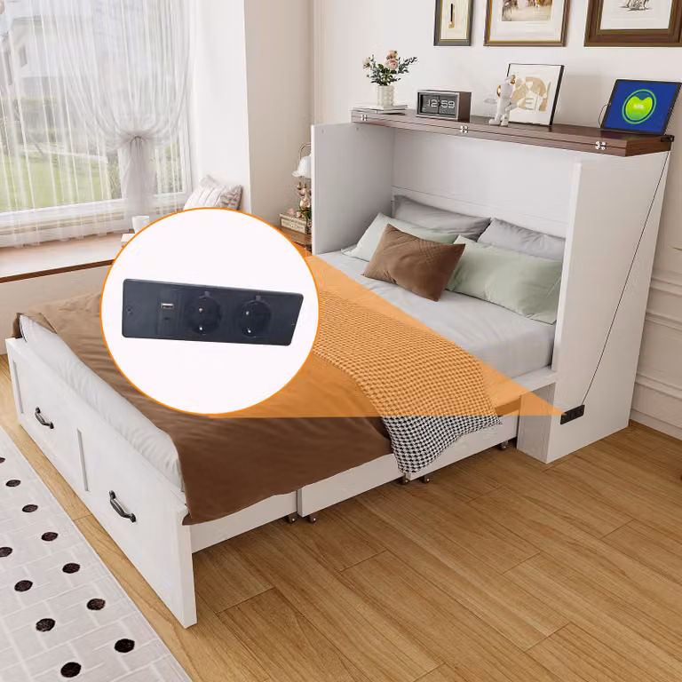 Letto a scomparsa Flieks, 140x200 cm, con presa di corrente, struttura letto estraibile, letto a ribalta con rotelle silenziose, colore bianco