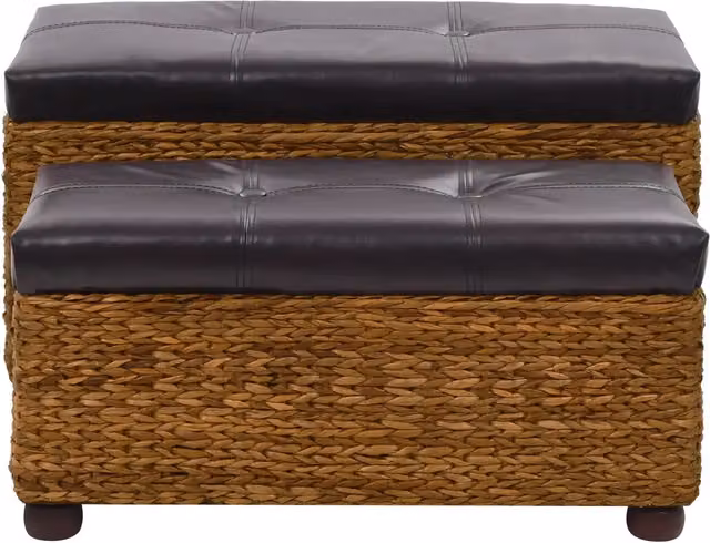 Set di 2 panche in stile rustico con struttura in legno di pino e seduta in rattan color marrone e nero, ideale per l'ingresso o il corridoio