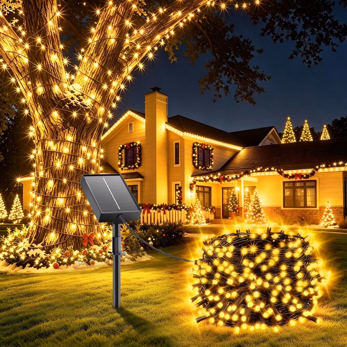 Catena luminosa solare per esterni, lunghezza totale 10+2 metri, 100 LED luce calda, 8 modalità, grado di protezione IP65