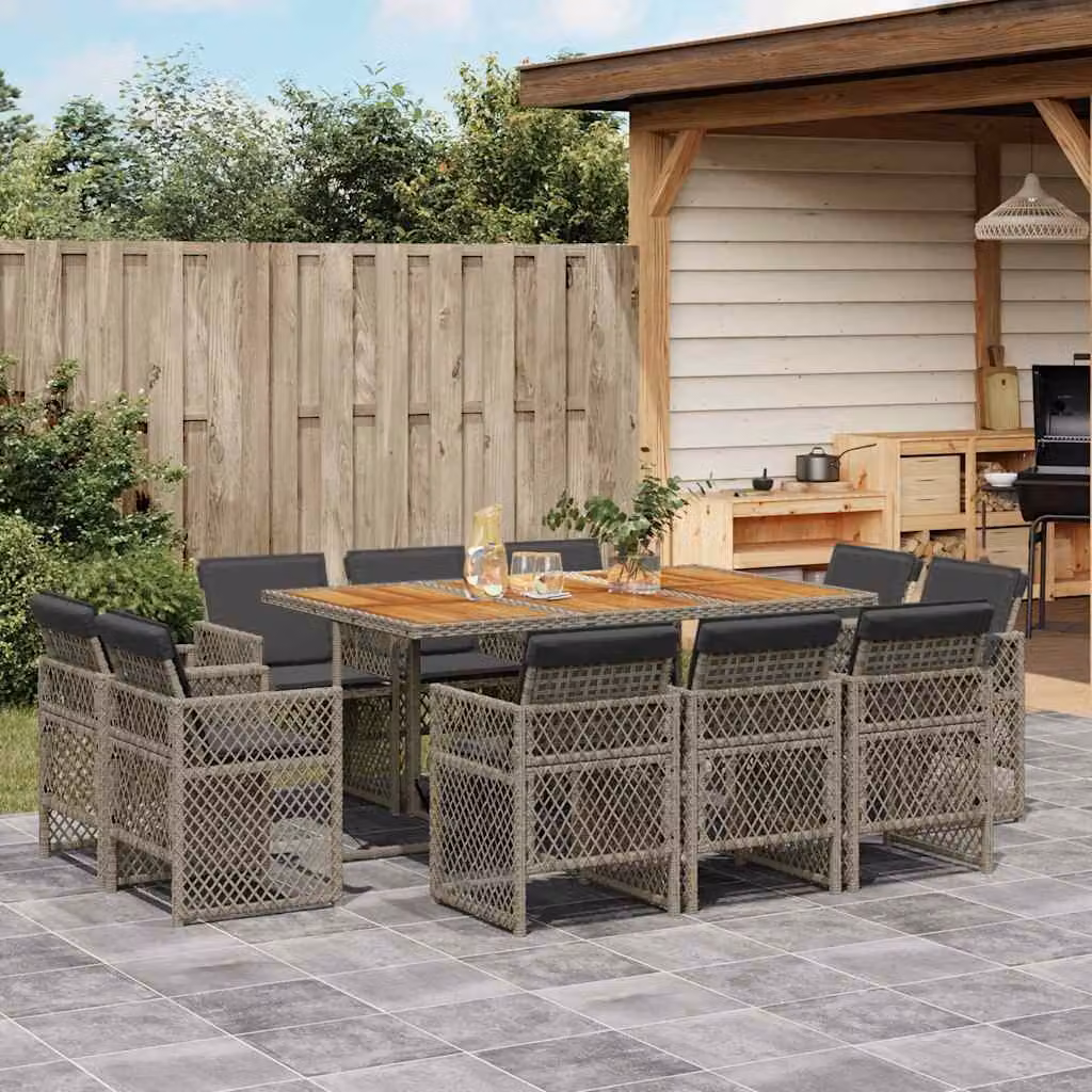 Set da pranzo da giardino vidaXL in polyrattan e legno di acacia con 11 pezzi e cuscini, grigio e marrone – 1