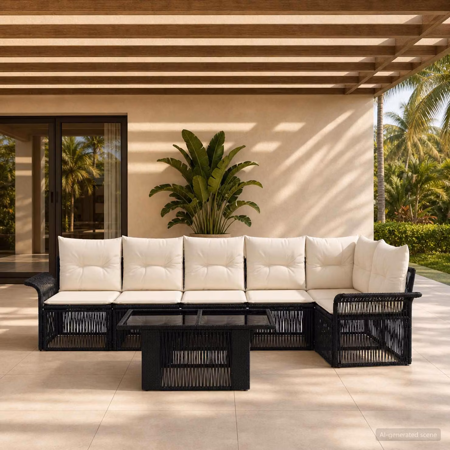 Set Divano da Giardino vidaXL 7 pz Moderno in Polyrattan con Cuscini Nero e Bianco Crema