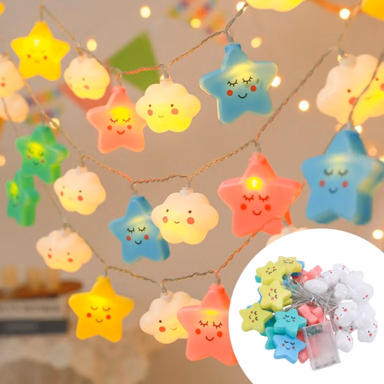 Catena luminosa con 20 LED, lunghezza 3 metri, decorazioni a forma di stelle e nuvole, ideale per la decorazione della cameretta dei bambini