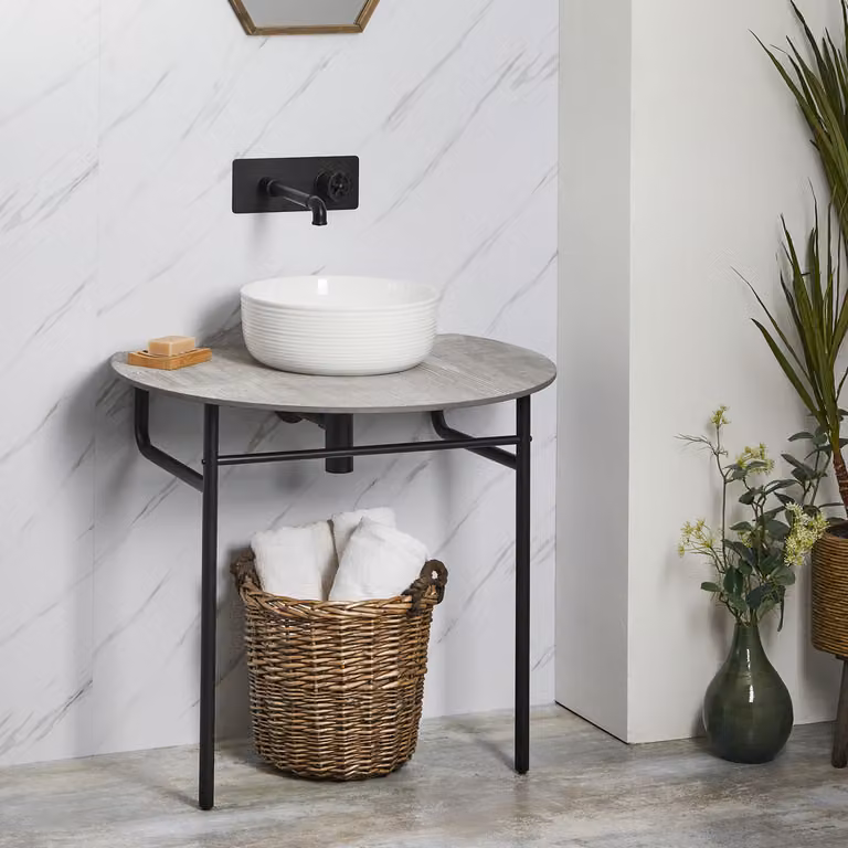 Consolle  Nera con Lavabo Rotondo da 360mm e Ripiano Grigio Pietra - Nitido