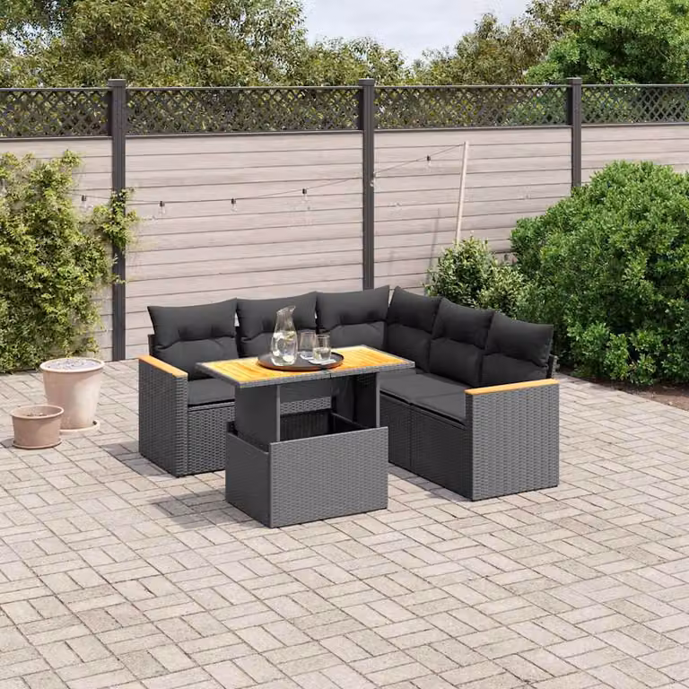 Set Divano da Giardino a L vidaXL in Polyrattan Nero con Cuscini e Tavolino da Esterno