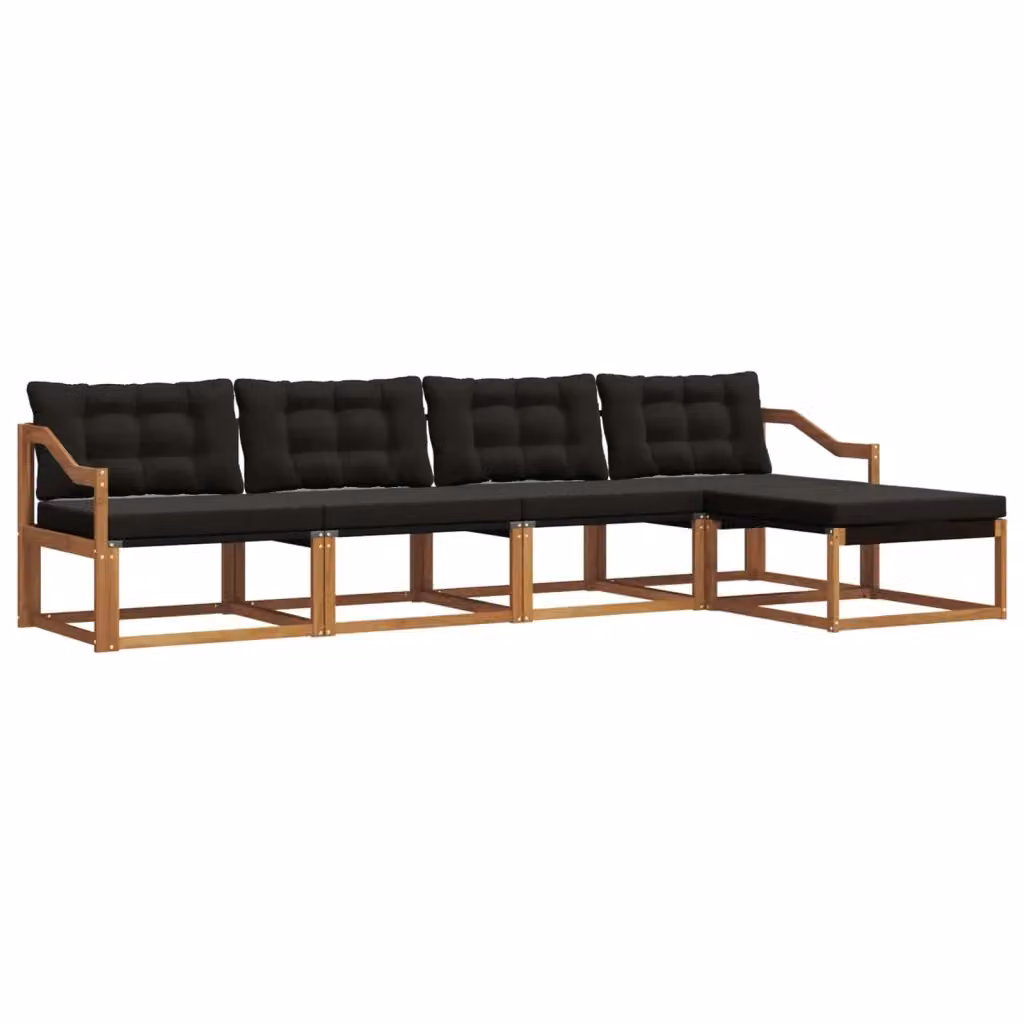 Set di divani da esterno a L vidaXL in legno di acacia con pouf e cuscini, colore marrone e nero – 2
