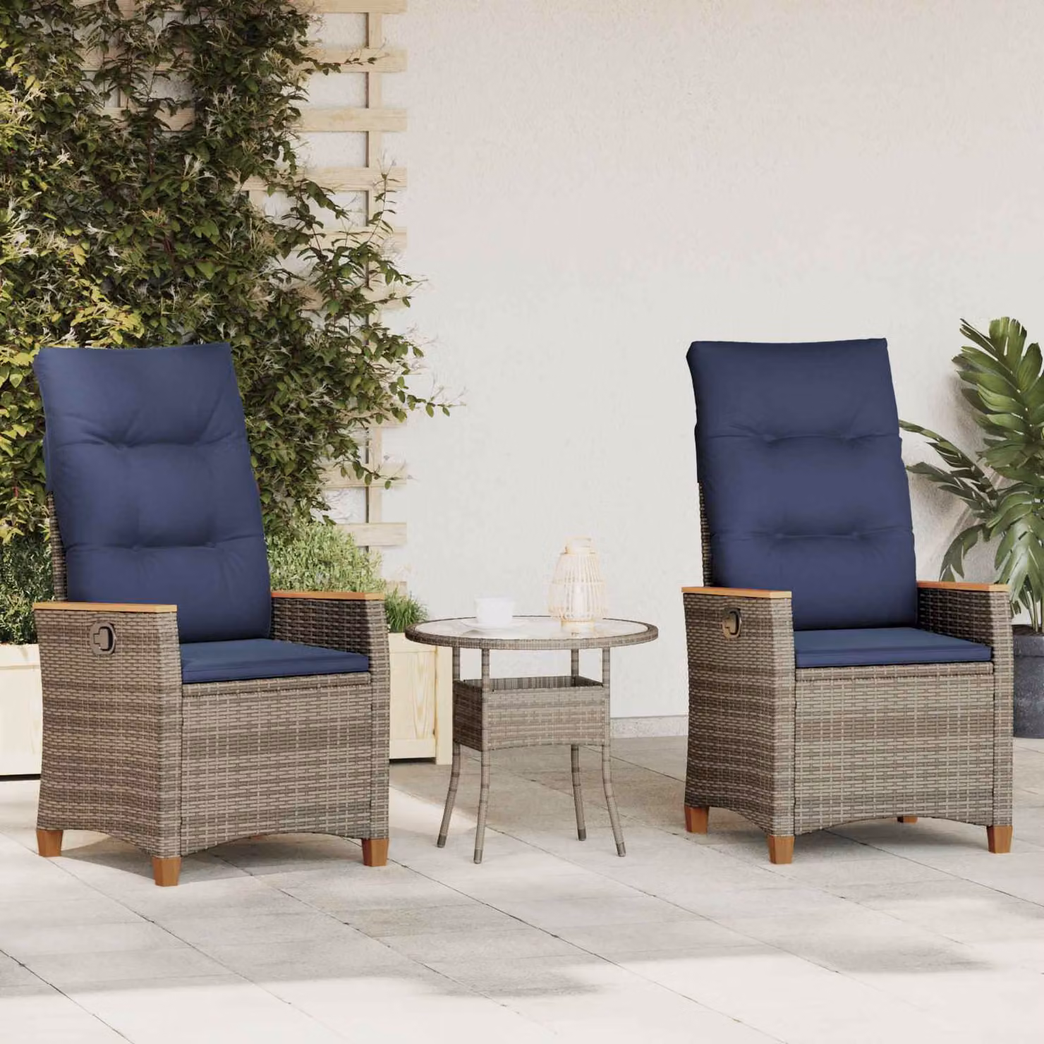 Set di 2 sedie da giardino reclinabili vidaXL in rattan e legno di acacia, colori grigio e blu navy