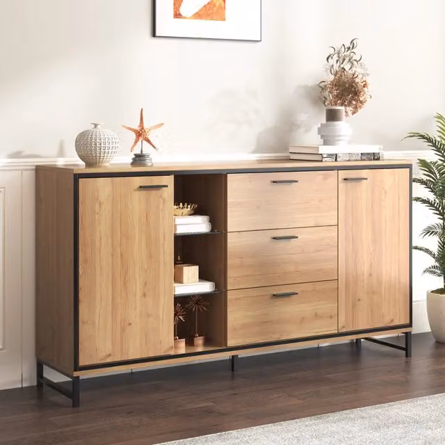 Madia con ripiani regolabili illuminazione LED a 16 colori divisori in vetro naturale e nero 160 × 40 × 85 cm