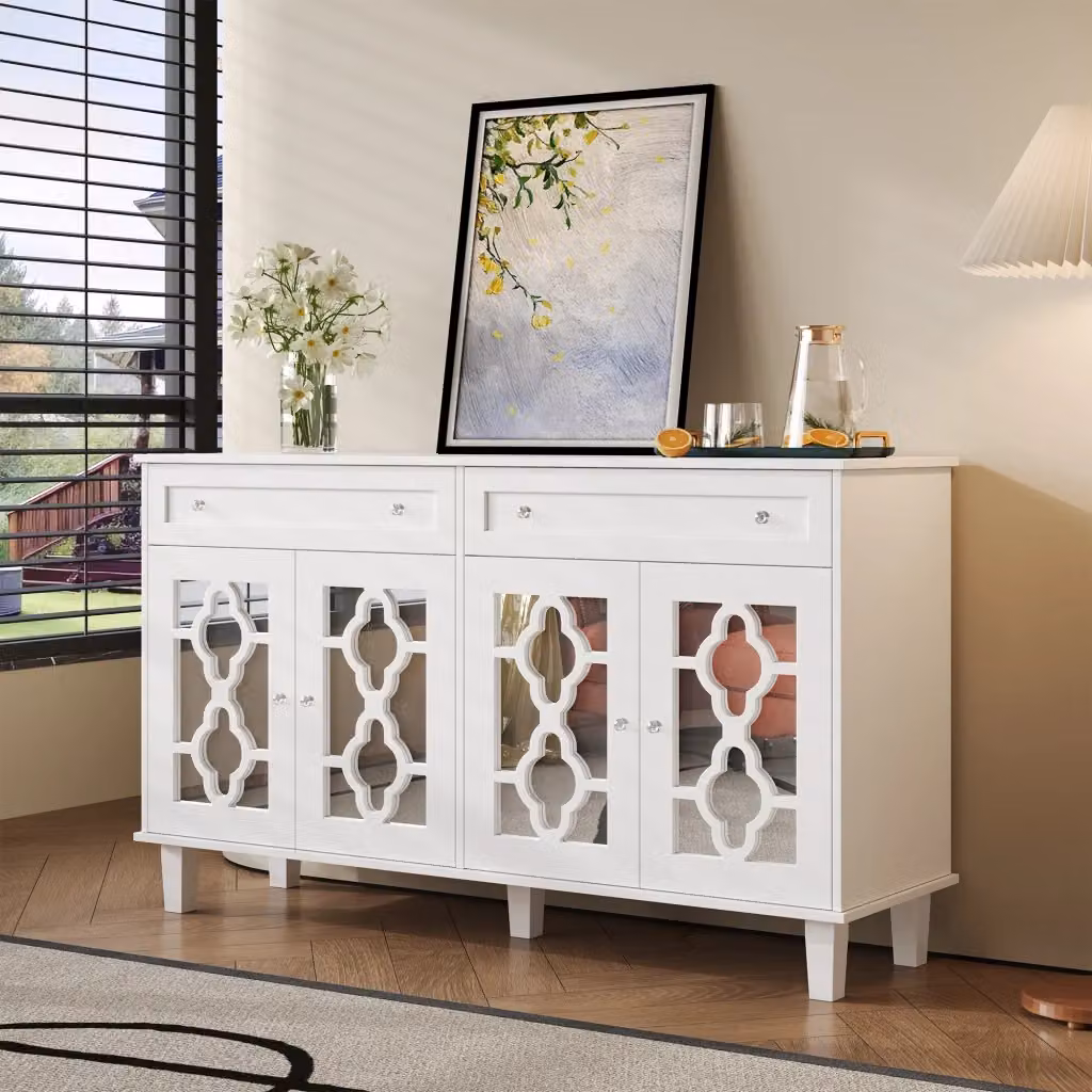 Credenza moderna in MDF con 4 ante a specchio, 2 cassetti e ripiani regolabili, colore bianco, L: 140 cm, P: 40 cm, H: 83 cm – 2