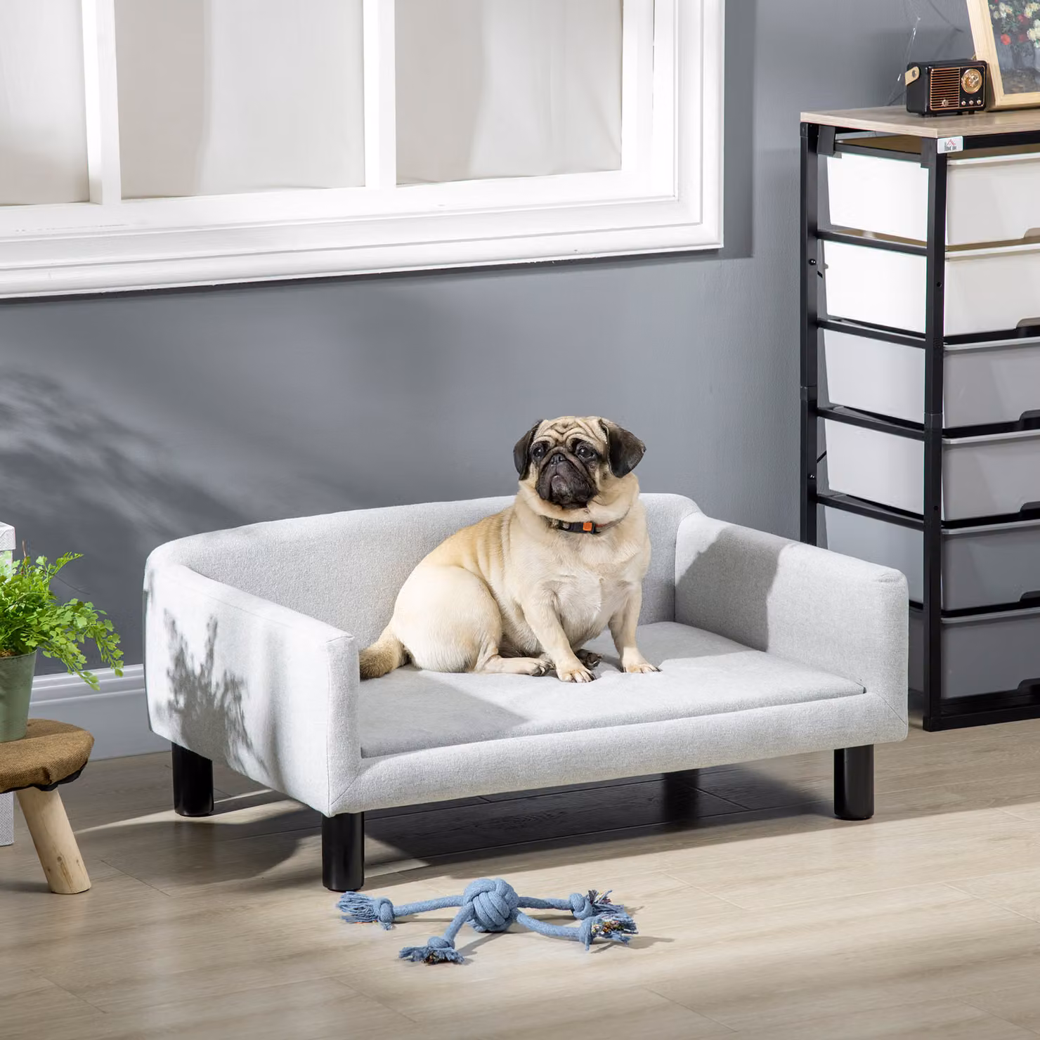Divano per cani PawHut in velluto con cuscino, braccioli e schienale, L: 82 cm, P: 54 cm, H: 36 cm, Grigio Chiaro – 2