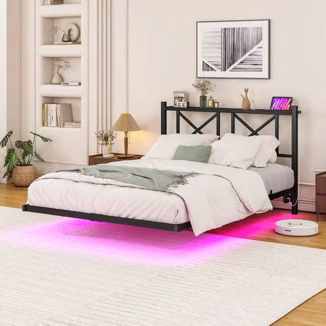 Letto matrimoniale 120 × 200 cm con illuminazione LED, stazione di ricarica e ripiano testiera, senza materasso, in metallo nero