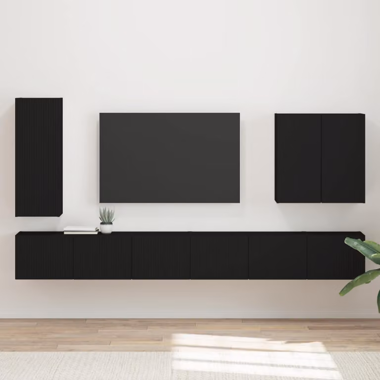 vidaXL Set di 6 pezzi Mobiletto TV da parete moderno in legno nero opaco L: 78,5 cm, P: 31,0 cm, H: 29,5 cm