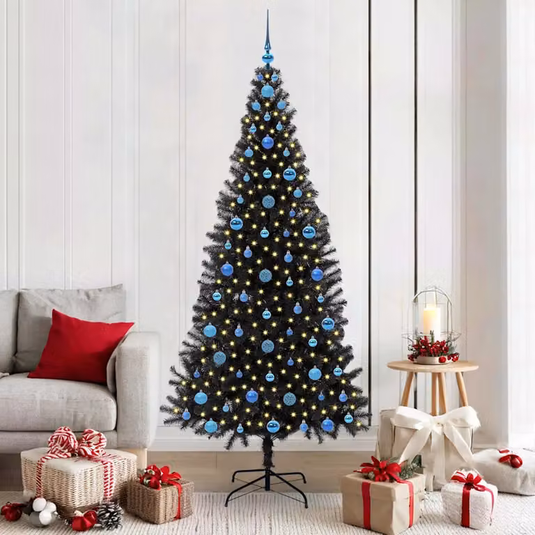 Albero di Natale moderno vidaXL nero in PVC con luci LED bianco caldo, Altezza: 210 cm