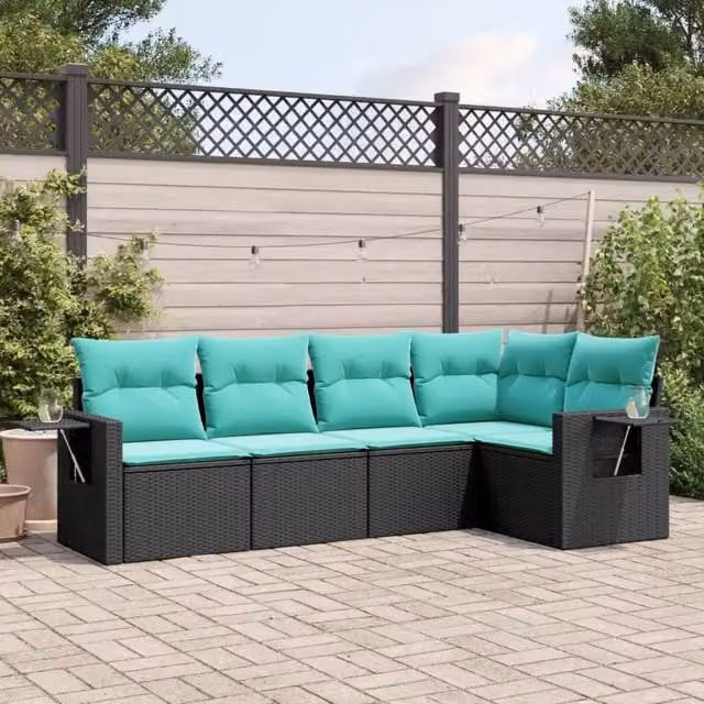 Set di divani da giardino a forma di L vidaXL composto da 5 pezzi con cuscini in polyrattan e struttura in metallo nero