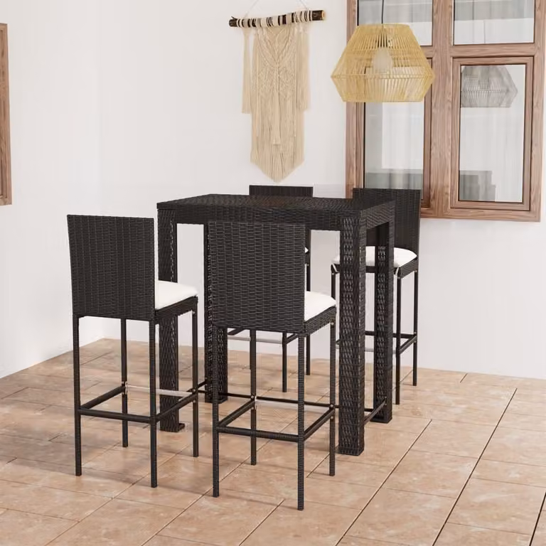 The Living Store Set bar da giardino 5 pezzi con cuscini in poly rattan nero