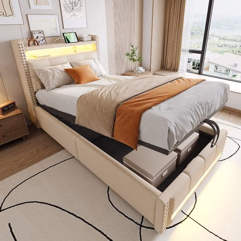 Letto per bambini 90x200 cm, imbottito in tessuto di lino beige, con spazio contenitore, illuminazione LED, presa USB e testiera con scaffali