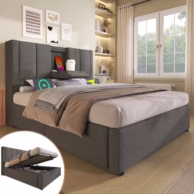 Letto singolo – 90x200 cm – portabicchieri USB contenitore – lino grigio