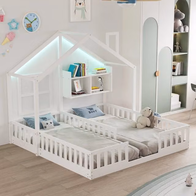Letto per bambini 2 posti 90×200 cm e 90×200 cm con LED, barriere e ripiani, con rete, senza materasso, bianco