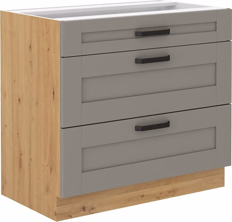 Armadietto inferiore con cassetti LAILI - larghezza 80 cm, grigio chiaro / rovere artisan