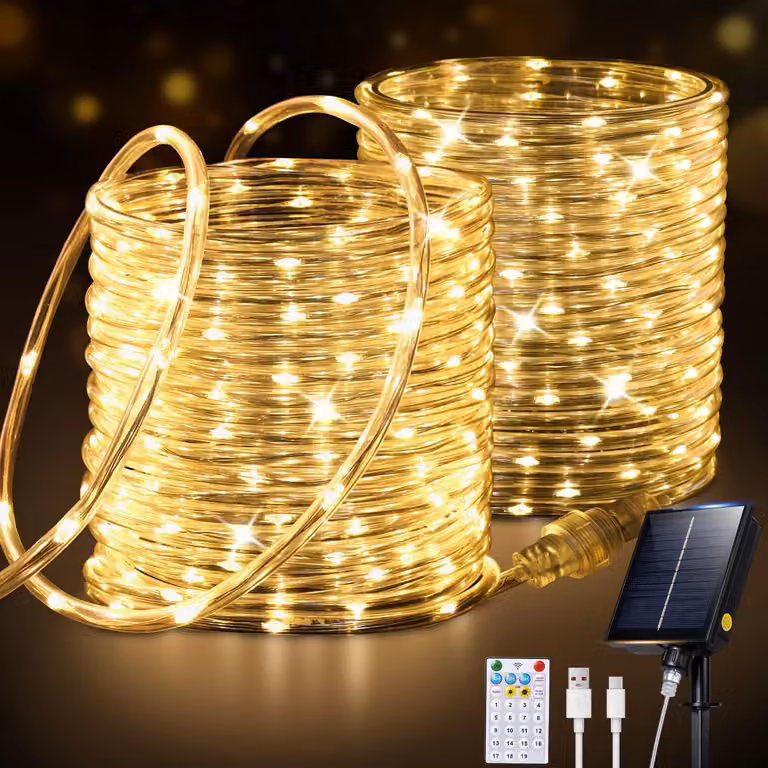 Catena luminosa solare da 20 metri, 200 LED, grado di protezione IP65, 19 modalità, luce bianco caldo