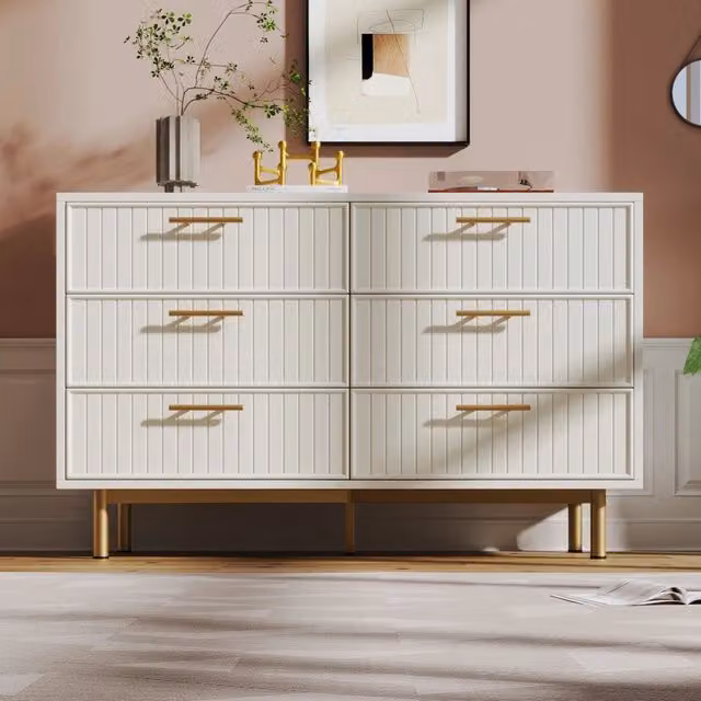 Comò con 6 cassetti moderno 120x40x75 cm in truciolare bianco con base in metallo