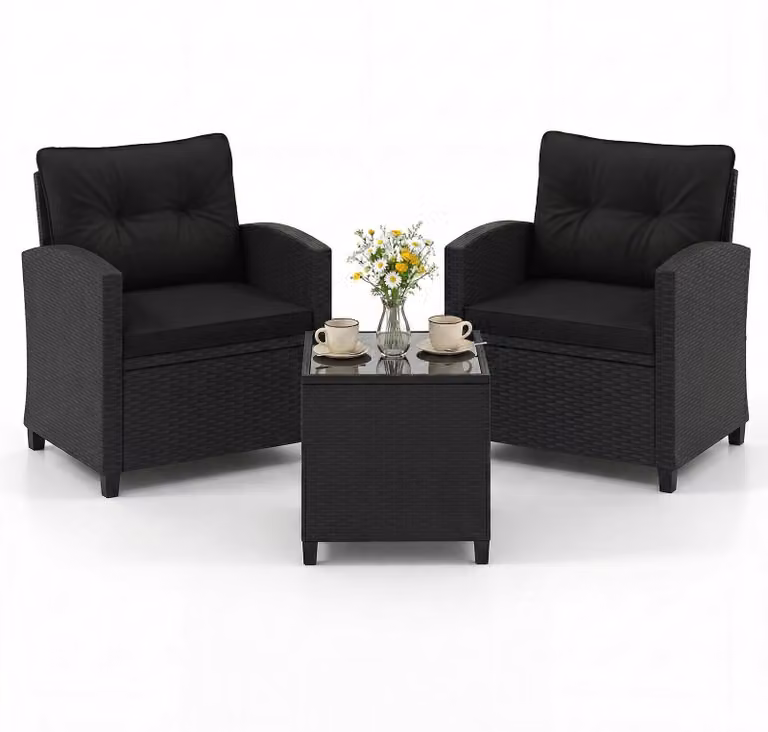 Set da giardino COSTWAY, 3 pezzi, in rattan sintetico, con cuscini, composto da 2 sedie e 1 tavolo. Ideale per balconi, terrazze e giardini. Set da esterno, mobili da giardino, gruppo sedute, colore nero