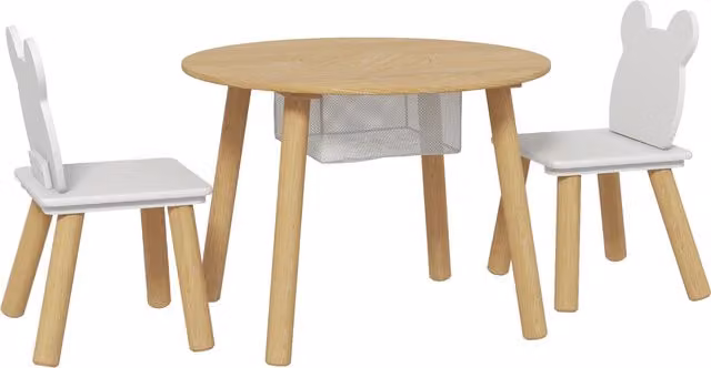 Set con Tavolo e 2 Sedie per Bambini AIYAPLAY con Schienale a Orsetto e Vano Contenitore, Bianco e Legno