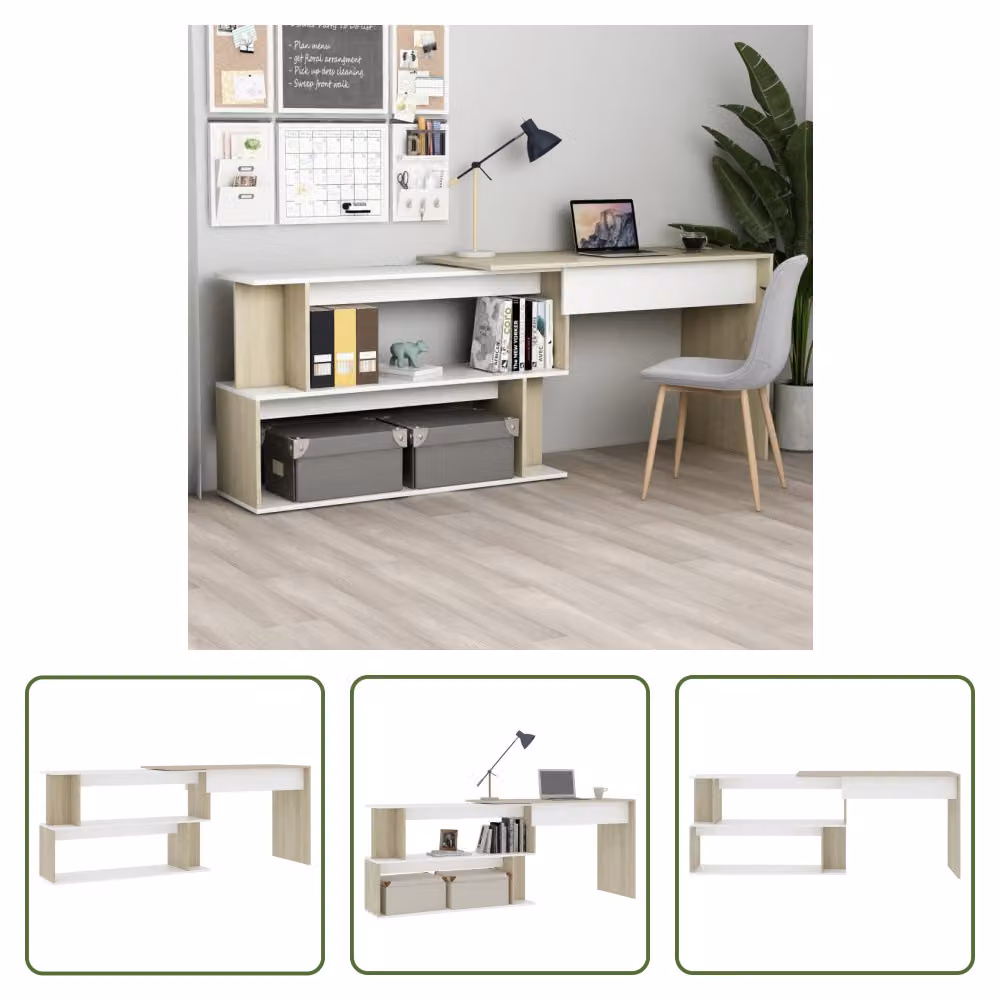 The Living Store Scrivania ad angolo bianco rovere Sonoma 200x50x76 cm materiale legno