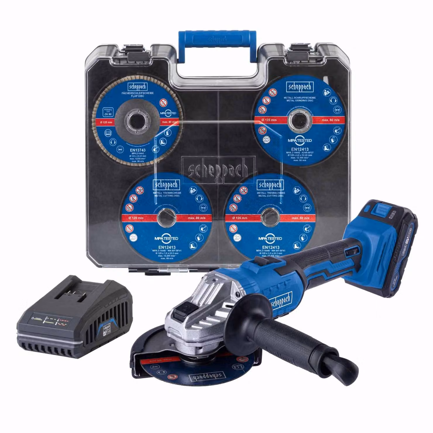 Smerigliatrice angolare a batteria Scheppach C-ATB15/1-X - 20 V | Diametro 125 mm | 2500-10000 min-1 | Valigetta e set di accessori da 15 pezzi | incl. batteria da 2 Ah + caricabatteria da 2,4 A