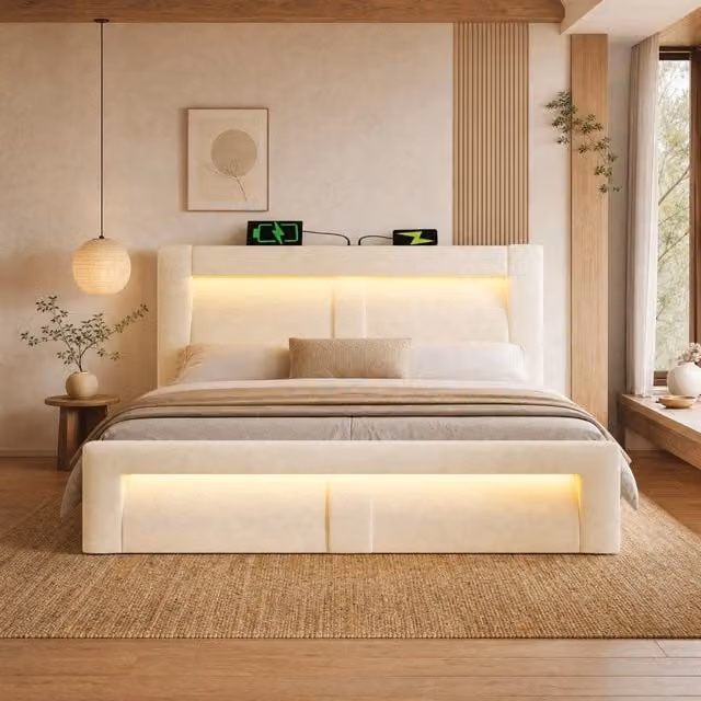 Letto contenitore Mivray in velluto beige con sollevamento idraulico, illuminazione LED, porte USB e Type-C, L/P/H: 140 x 200 x 107 cm