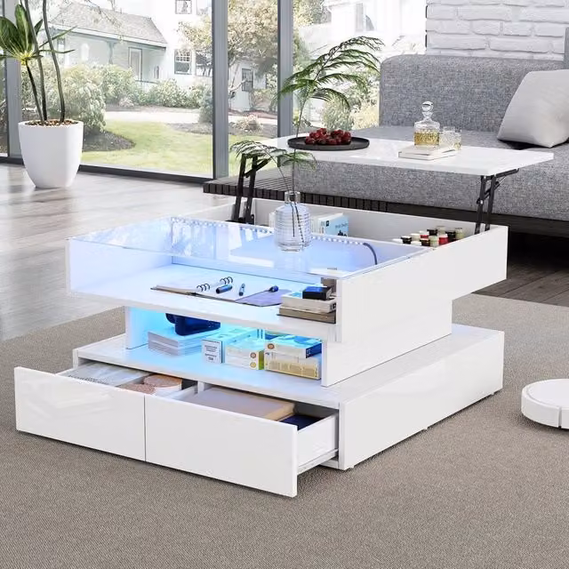 Tavolino da caffè MINIMAL in vetro temperato bianco lucido con LED e 2 cassetti L/P/H: 80 x 80 x 45 cm