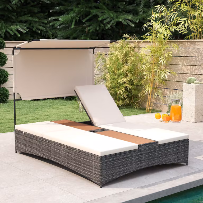 Lettino prendisole doppio Costway in rattan beige con tettuccio, schienali regolabili e tavolino integrato per giardino, balcone o terrazza
