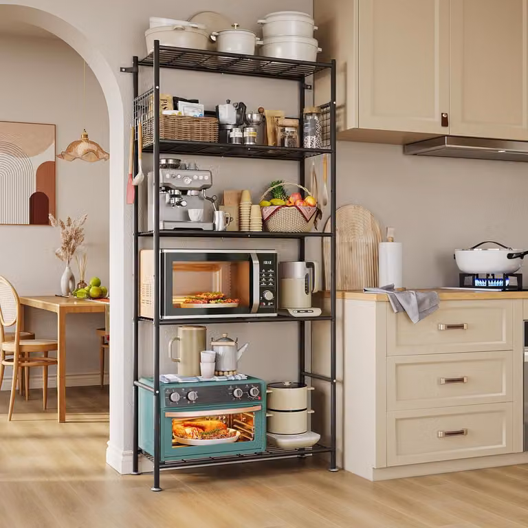 Ripiano portaoggetti da cucina, a 5 livelli, con ripiani regolabili in altezza, dimensioni 84x32x182 cm, realizzato Acciaio al carbonio, adatto per cucina e bagno