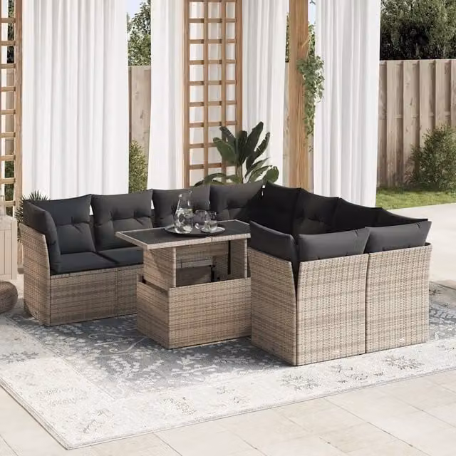 Set Divano da Giardino vidaXL 9 Pezzi con Cuscini Grigio in Polyrattan e Tavolino da Esterno – 1