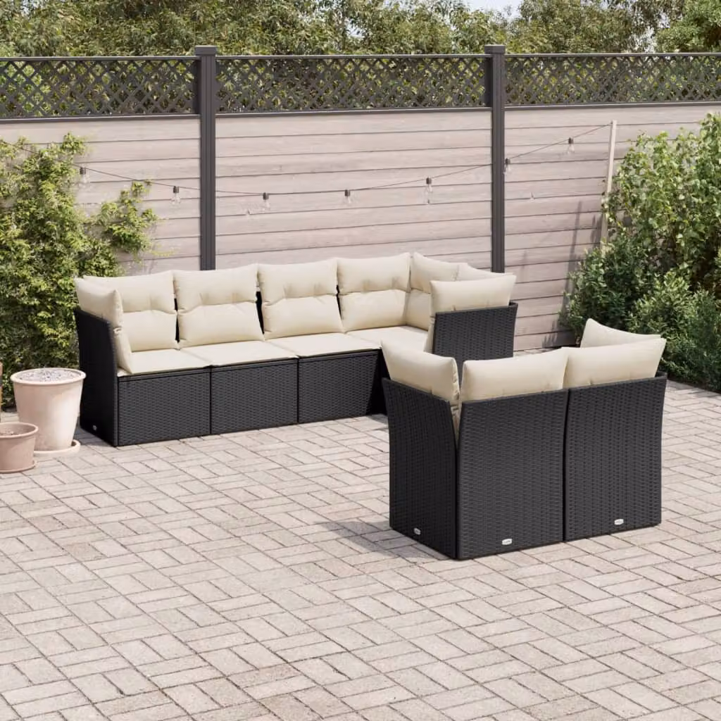 Set di divani da giardino vidaXL a forma di L in polyrattan nero con 7 cuscini inclusi – 1