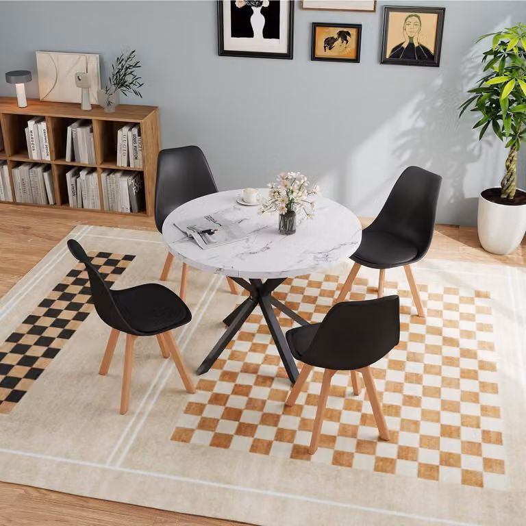 Set tavolo da pranzo con 4 sedie, forma rotonda, dimensioni 100x100x75 cm, finitura effetto marmo, bianco e nero