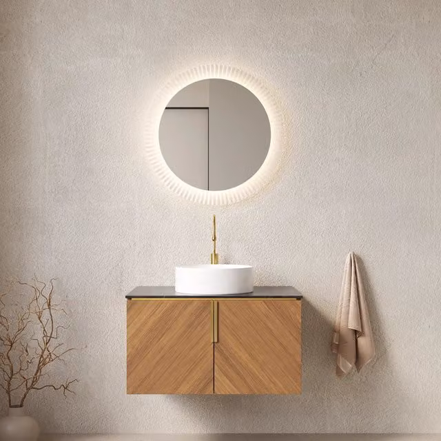 Lavabo da bagno a parete 76 cm con lavabo in ceramica bianco rotondo, piano in pietra sinterizzata nera, mobile in compensato marrone quercia a 2 ante