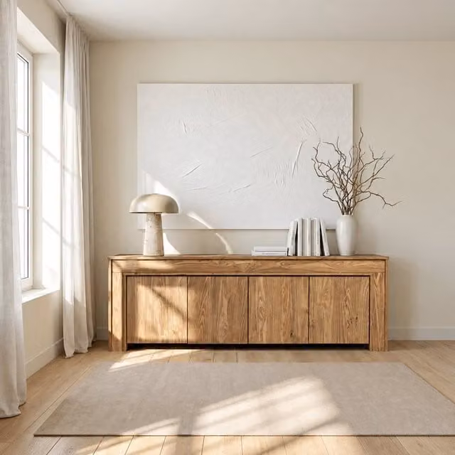 Banak Tavolino basso in legno massiccio di araucaria nei toni del beige, oro e marrone