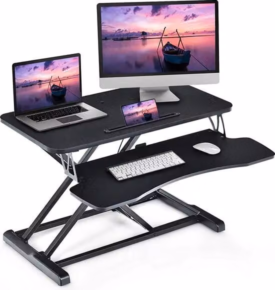 Scrivania da sedere-stand con supporto per tastiera e tablet, poggiatesta con guide per cavi nascoste, supporto per monitor per monitor o laptop (nero)