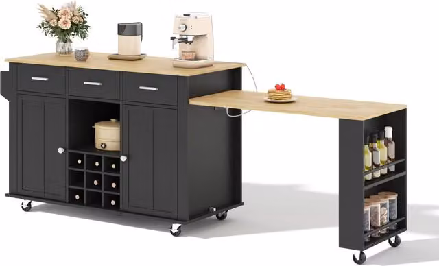 Isola cucina mobile con piano estraibile fino a 223 cm; 3 cassetti; prese USB; nero effetto legno naturale