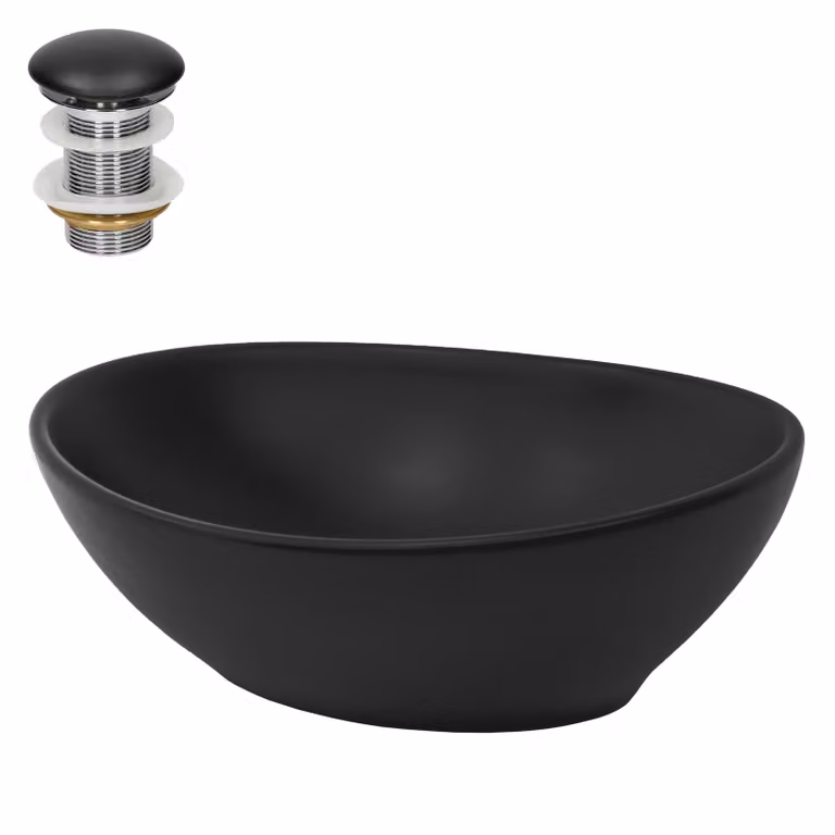 Lavabo LuxeBath Lavabo da appoggio ovale, 41x33,5x14,5 cm, nero opaco, in Vetroceramica, incl. set di scarico senza troppopieno