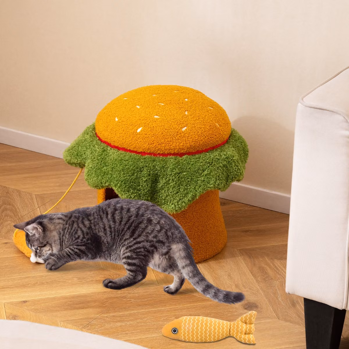 Costway Condominio per gatti a forma di hamburger con cuccia imbottita e giocattolo morbido sospeso, Arancione