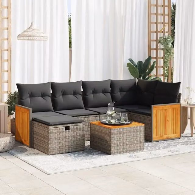 Set Divani da Giardino 7 pz con Cuscini Grigio in Polyrattan 3326036
