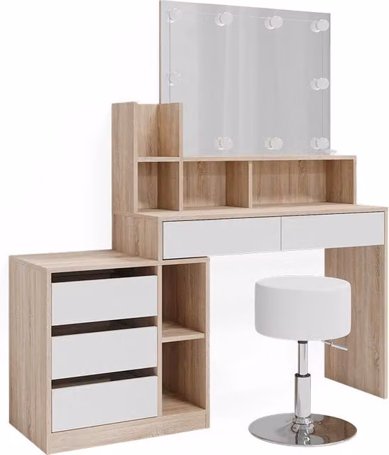 Tavolo da toilette Anja Bianco/Sonoma 139.8 cm con specchio, catena luminosa LED e sgabello Vicco