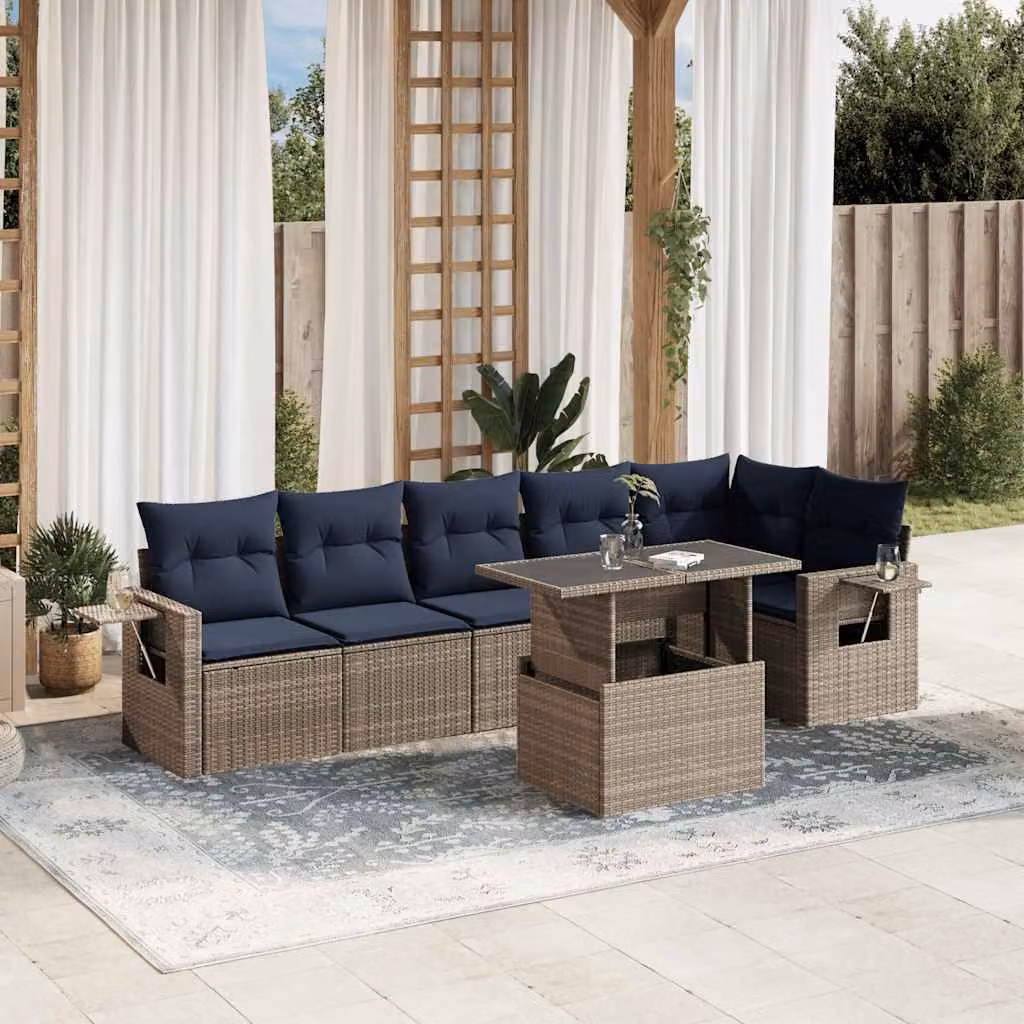 Set Divani da Giardino vidaXL 7 pz in Polyrattan Grigio con Cuscini e Tavolino